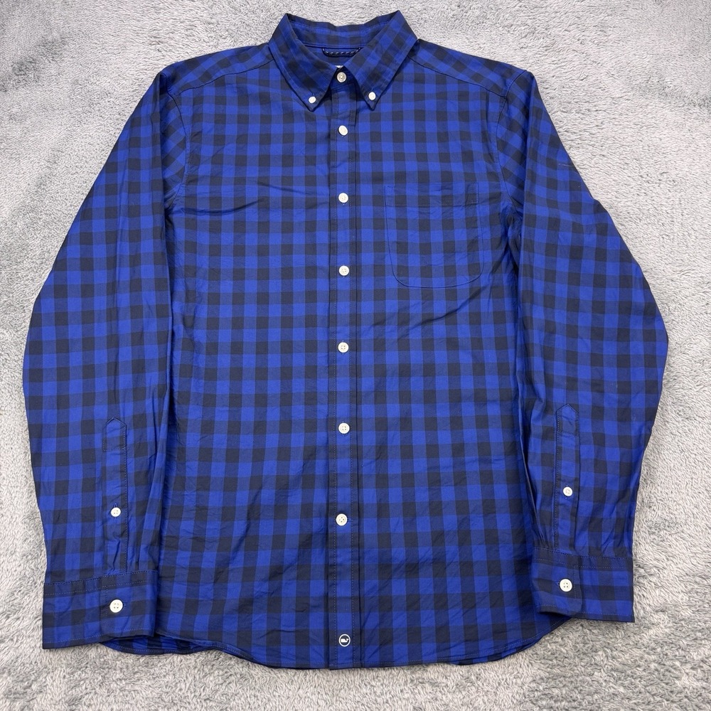 Vineyard Vines OTG Shirt Men M Blue Gingham Check Brr Stretch Wicking Cool Tech